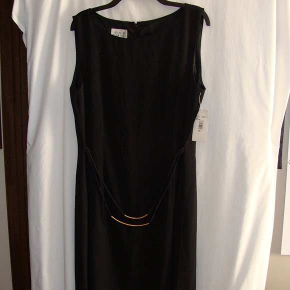 VINTAGE 90s Black Sleeveless Faux Belted SHEATH DRESS Sz 16 by DAVID WARREN - Picture 1 of 7